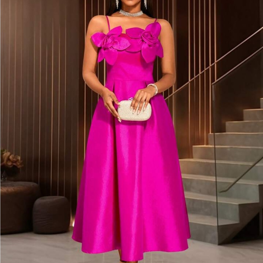 Fuchsia /hot pink midi dress with flower top details